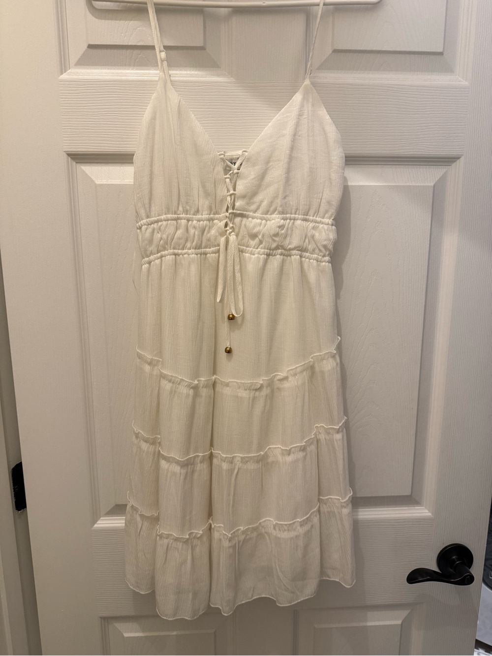 Cream Tiered Lace-Up Spaghetti Strap Mini Dress